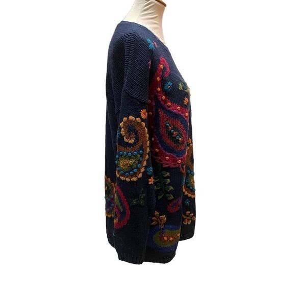 Christina Navy Blue with Bright Colored Paisley Pattern Crewneck Long Sleeve Han - Picture 14 of 15